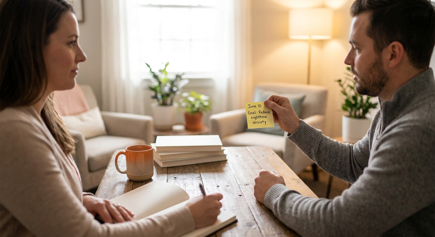 A realistic scene of a therapist and client sitting at a wooden table, the client holding a sticky note that reads 