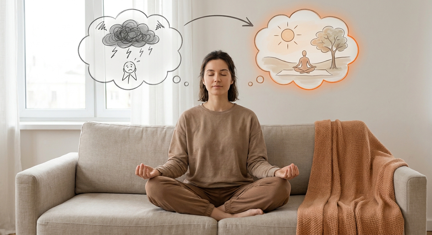 A realistic illustration of a person sitting cross‑legged on a couch, eyes closed, with thought bubbles showing a stressful thought and a balanced replacement, soft natural light. Alt: 