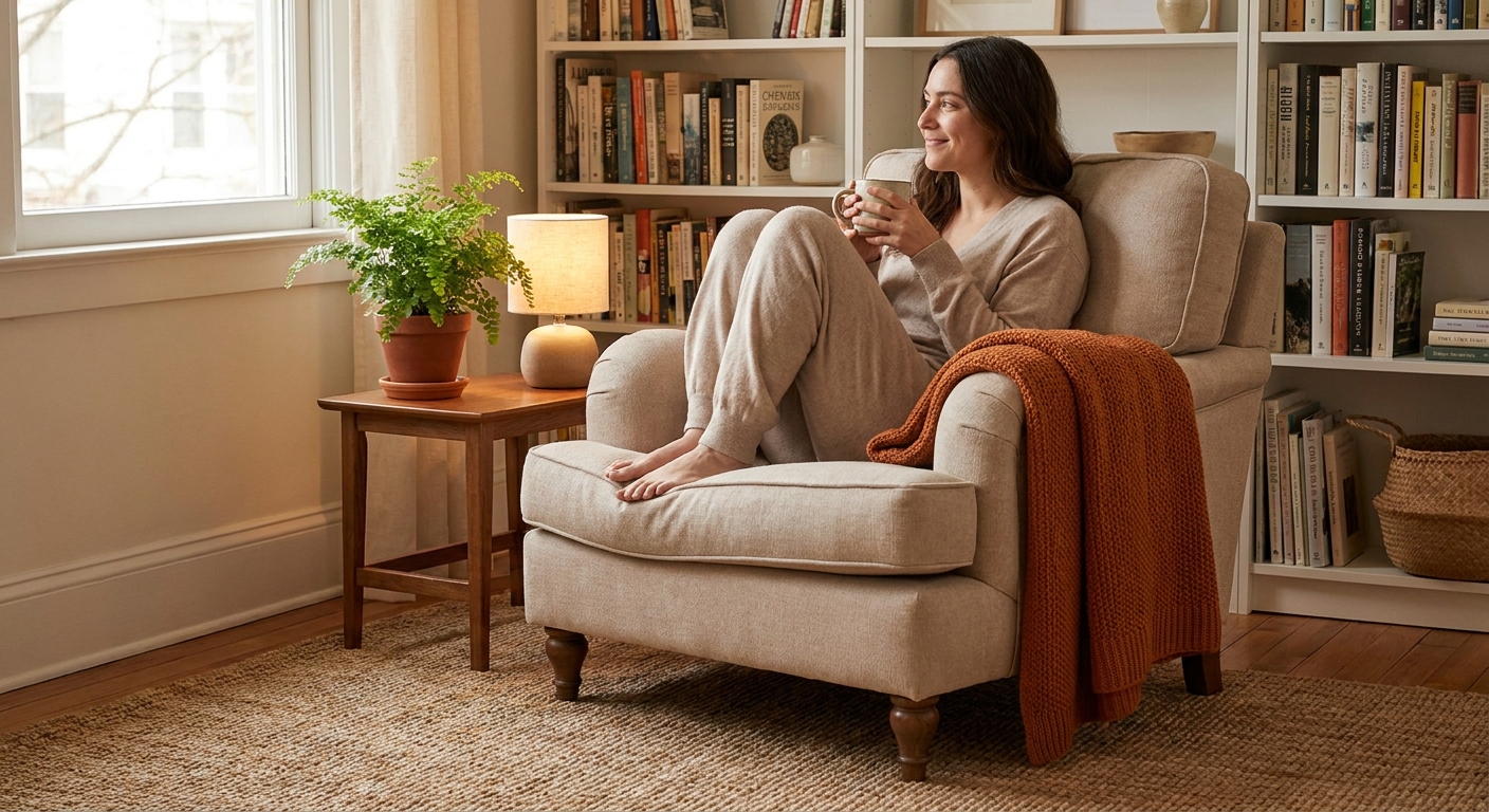 A realistic scene of a cozy home corner with a comfortable chair, soft lighting, a small plant, and a person sitting relaxed, ready for therapy. Alt: calm therapy space for mindfulness practice.