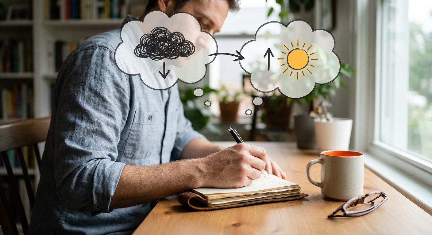 A realistic illustration of a person writing in a journal, with thought bubbles showing a negative thought turning into a positive reframe. Alt: cognitive reframe journaling technique.