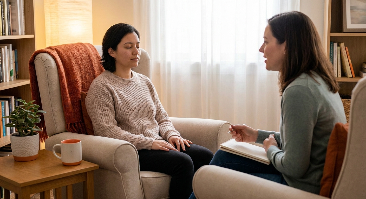 A realistic scene of a person sitting comfortably in a softly lit room, eyes closed, with a therapist gently guiding them, alt: 