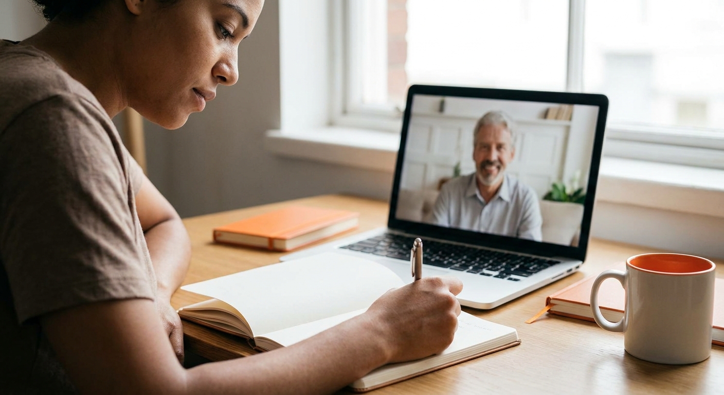 A realistic photo of a person writing in a journal at a desk, with a therapist’s comforting presence visible through a screen, alt: 