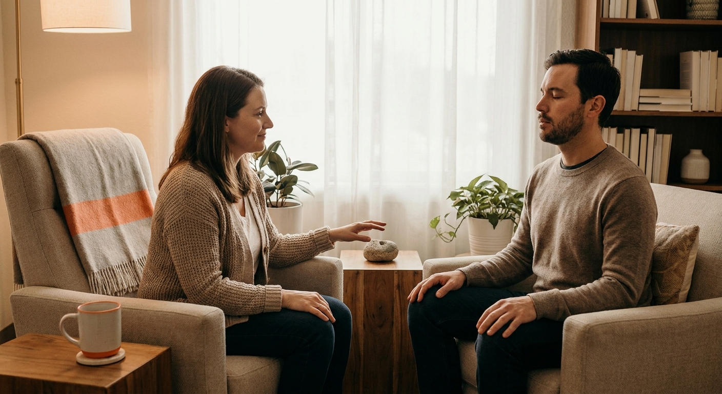 A realistic scene of a therapist guiding a client through a grounding exercise, showing a calm indoor setting with warm lighting, therapist and client sitting, focus on breath and sensory awareness, alt: mindshift therapy grounding technique