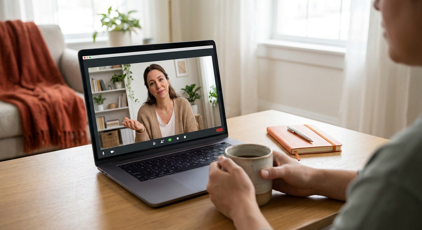 A realistic scene of a therapist on a video call offering support, showing a laptop screen with a caring therapist, warm background, alt: mindshift psychological services telehealth support