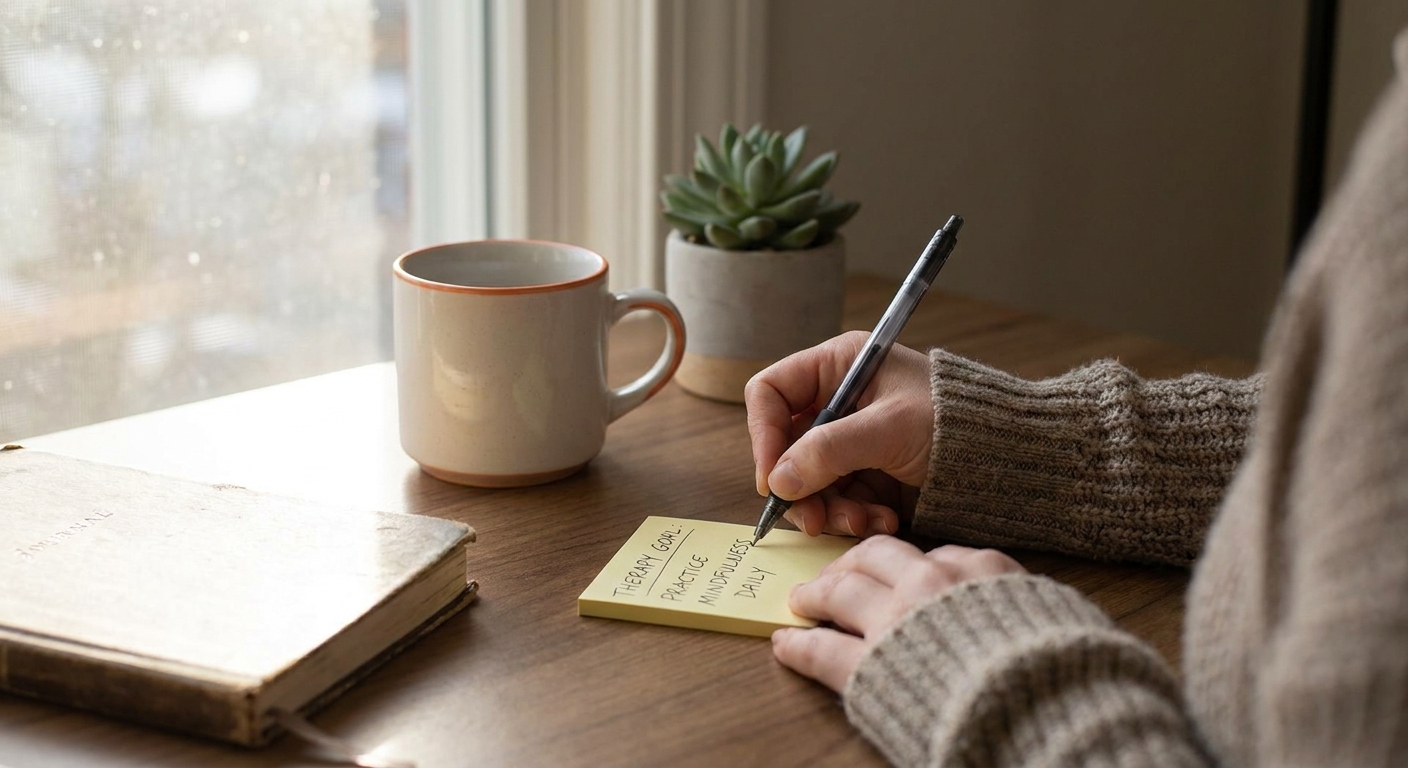 A realistic scene of a person writing a therapy goal on a sticky note at a desk, soft natural light, calm atmosphere, alt: 