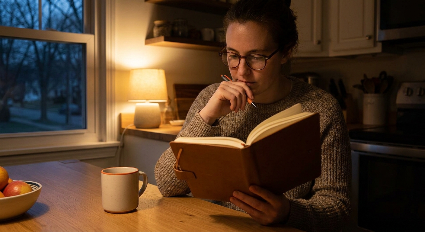 A realistic photo of a person reviewing a journal at a kitchen table in the evening, warm lighting, calm atmosphere, alt: 