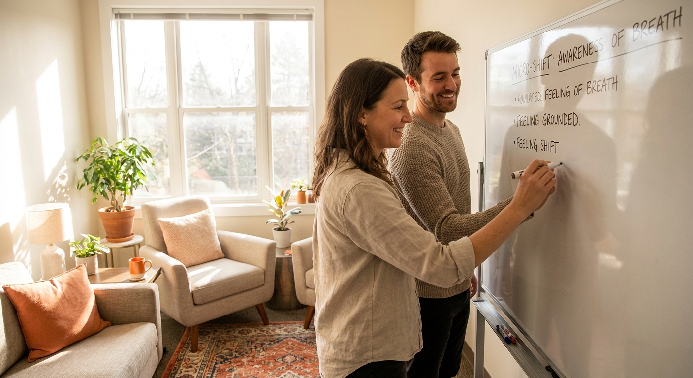 A warm, sunlit therapy room with a therapist and client smiling as they write a note on a whiteboard. Alt: therapist and client noting a micro‑shift during a session.