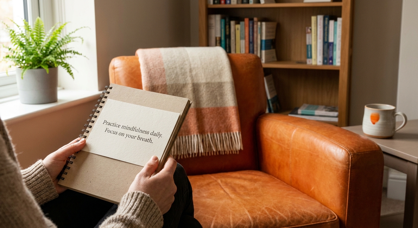 A realistic scene of a therapist’s office with a client holding a printed therapy tip on a notepad, warm lighting, natural colors. Alt: therapist tip note in client’s hand