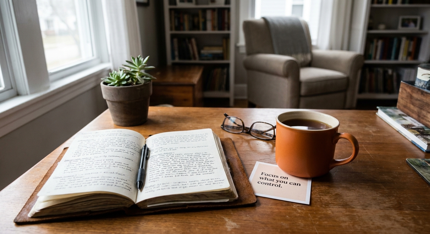 A realistic home desk with a journal open, a pen, a printed therapy tip, and a cup of tea, soft natural light. Alt: journaling reflection after therapy session