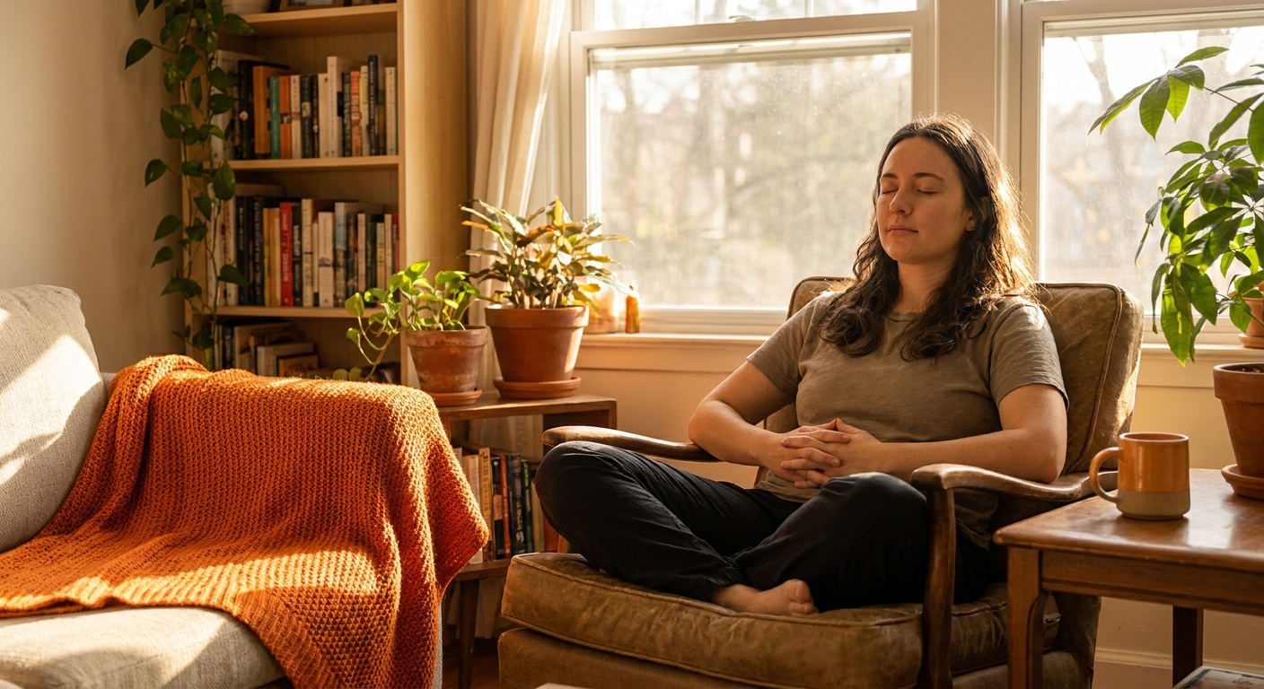 A warm, realistic scene of a person sitting comfortably in a bright living room, hands resting on their lap, eyes closed, with soft natural light highlighting a calm atmosphere. Alt: 
