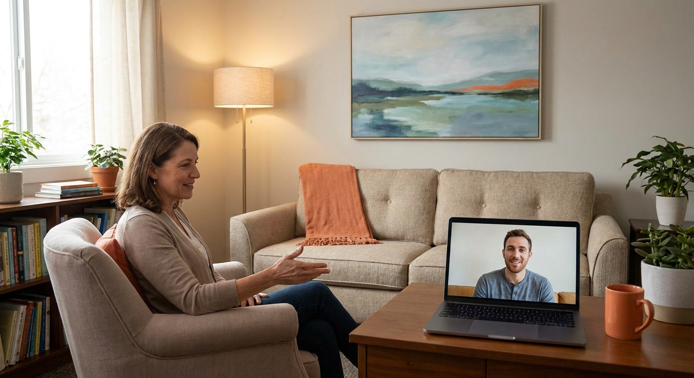 A realistic photo of a therapist’s office with soft lighting, a comfortable couch, and a calming wall art, showing a client and therapist in conversation via video call. Alt: 