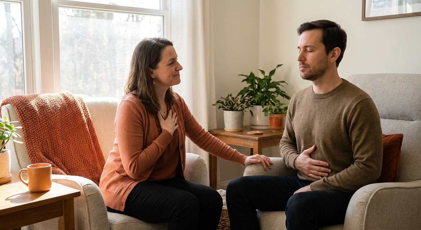 A warm therapy room with a client and therapist sitting across from each other, the therapist gently guiding the client to notice a breath, realistic style, natural lighting. Alt: therapist helping client label a feeling in a session