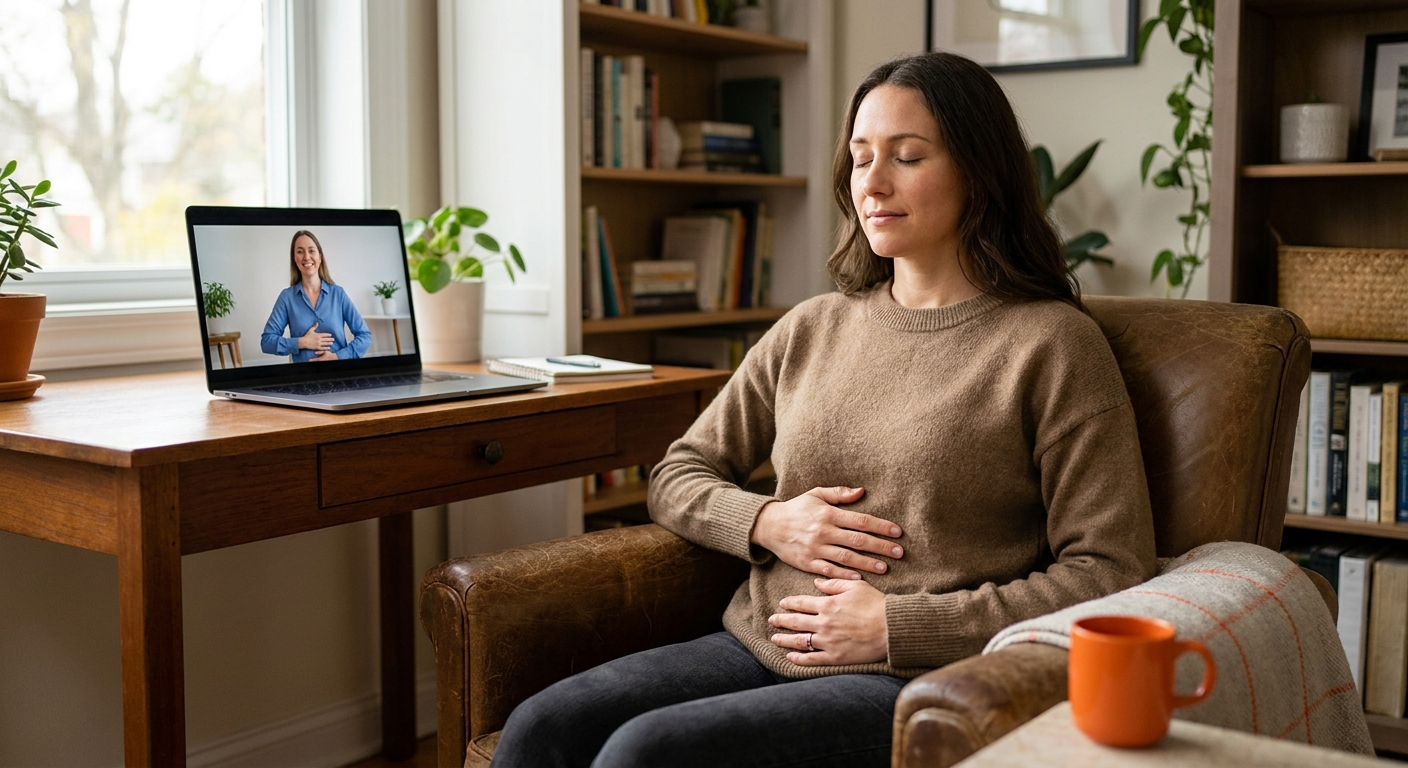 A therapist on a laptop screen smiling, with a client in a cozy home office, both focusing on a shared breathing exercise, realistic style. Alt: telehealth session demonstrating the June 5 tip