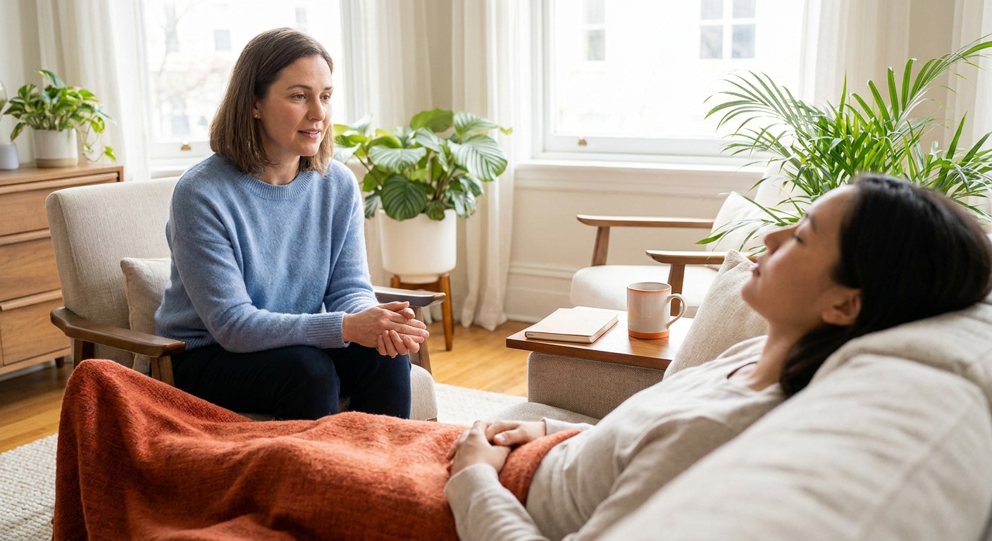 A calm therapist guiding a client through a body‑scan exercise in a bright, comfortable office. Alt: mindshift therapy tip body scan session