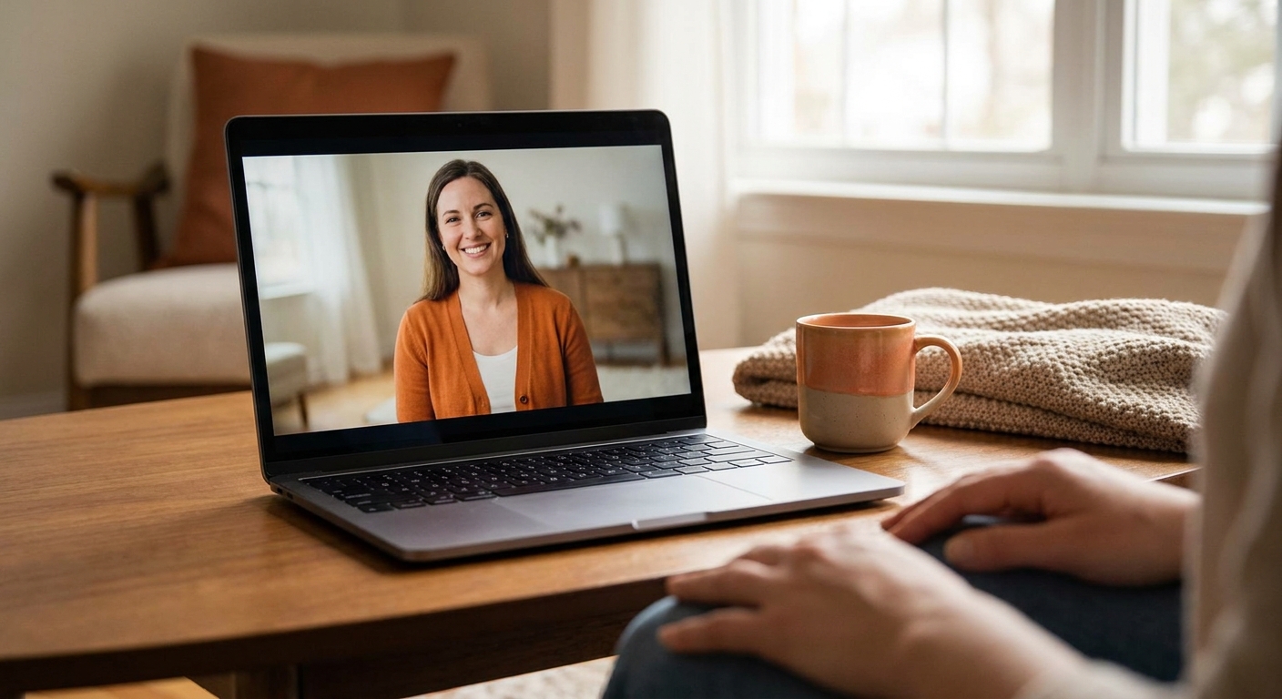 A warm, inviting teletherapy session on a laptop, showing a therapist smiling while a client follows a body‑scan exercise. Alt: online mindshift therapy tip session