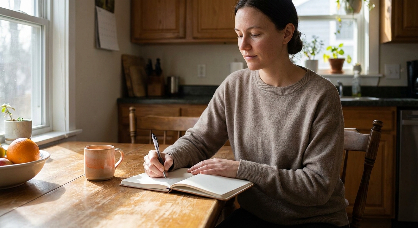 A realistic scene of a person sitting at a kitchen table, notebook open, writing thoughts with a calm expression. Alt: mindful reframing exercise illustration