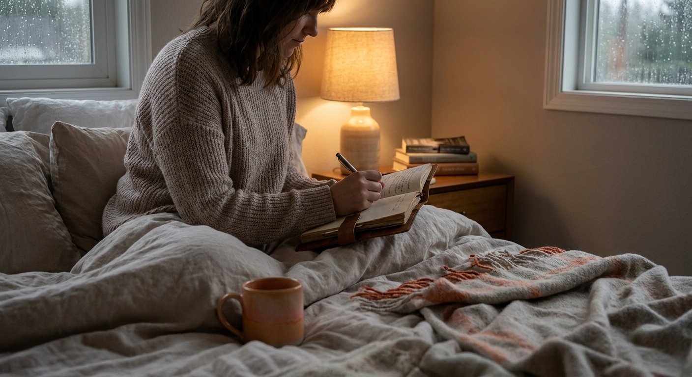 A realistic scene of a person in a cozy bedroom, writing in a journal by a soft lamp. Alt: journal reflection exercise illustration