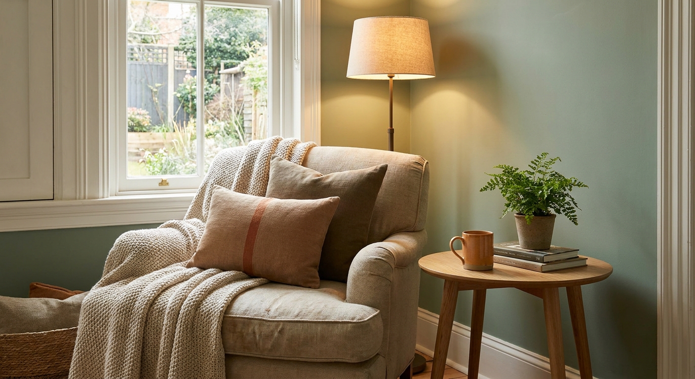 A photorealistic scene of a cozy home therapy corner with a comfortable chair, soft lamp, and a small plant on a table. Alt: calm therapy space for mindfulness practice.