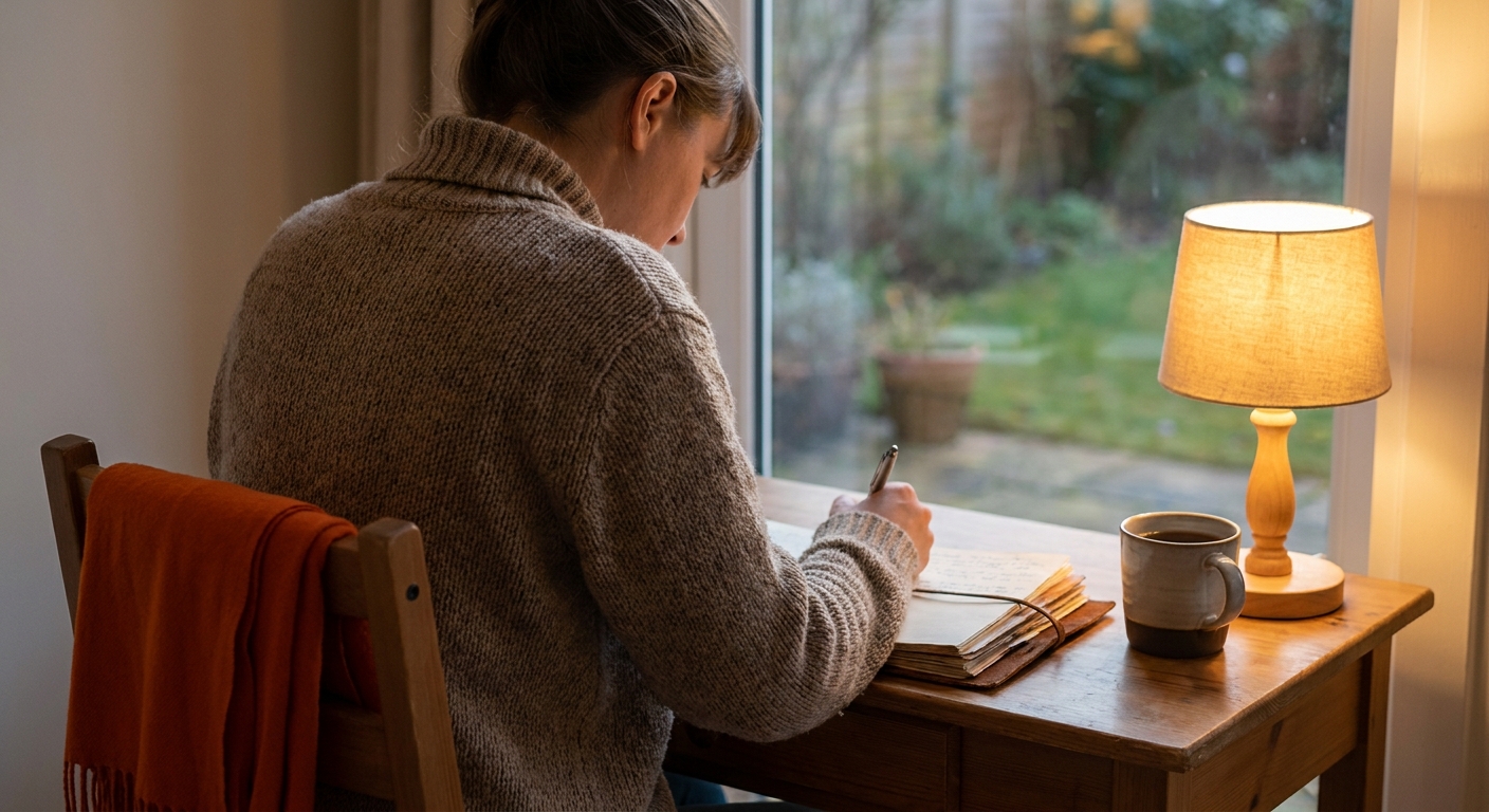 A realistic illustration of a person writing in a journal at a desk, with a cup of tea and a soft lamp nearby. Alt: simple journaling after therapy session.