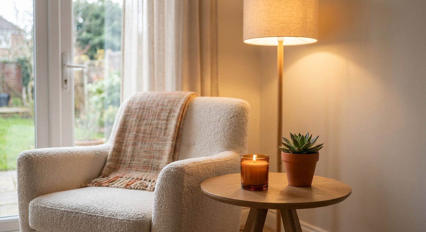 A calm home corner with a comfortable chair, soft lighting, a small plant, and a scented candle. Alt: calm therapy space for MindShift therapy tip June 9