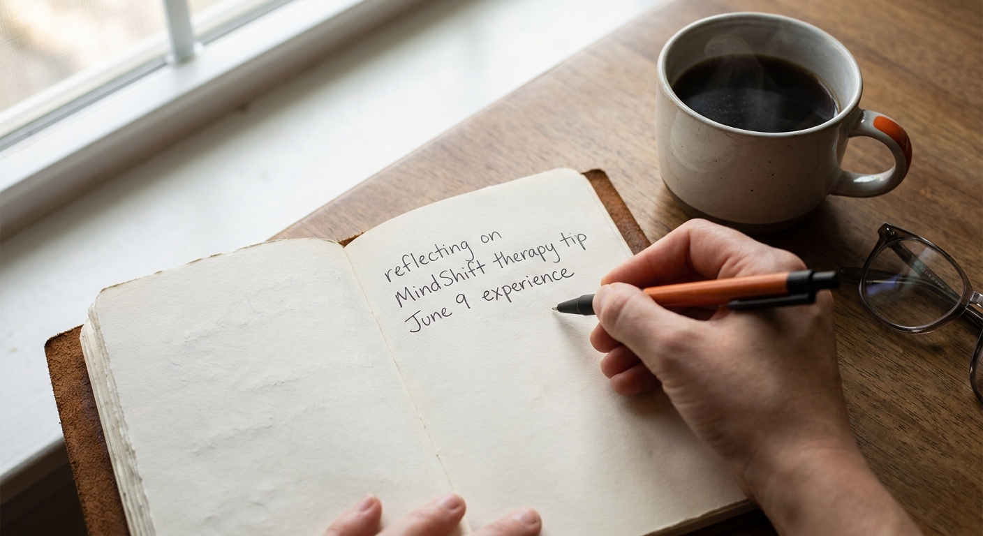 A hand writing in a journal with a pen, a cup of tea beside it, and soft natural light. Alt: reflecting on MindShift therapy tip June 9 experience