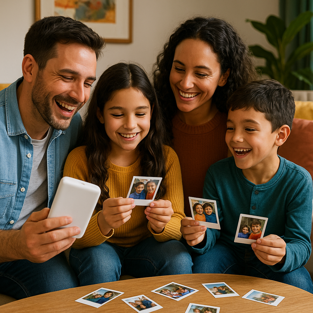 A vibrant living room scene with family using a mini photo printer, printing and sharing photos instantly. Alt: Using a mini photo printer UK at home for instant photo sharing.