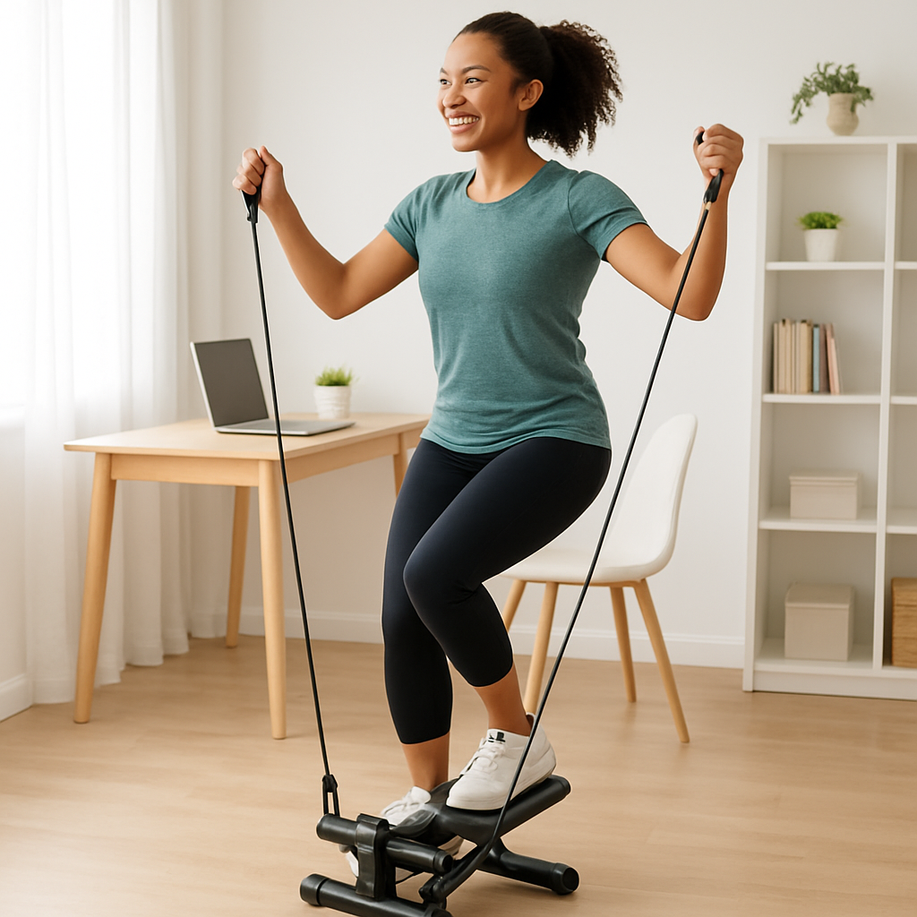 A bright home office with a compact mini stepper under a desk, resistance bands looped around the handles, and a person smiling while doing a step‑and‑press combo. Alt: mini stepper with resistance bands workout in a small space