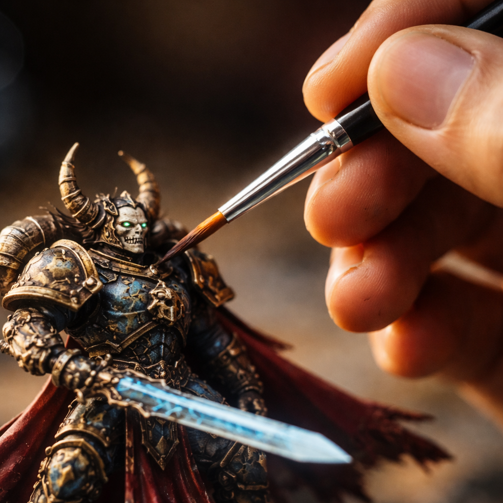 A photorealistic close‑up of a painter’s hand holding a fine synthetic brush over a miniature, soft light highlighting the bristles and the model’s details. Alt: miniature painting brushes detail.