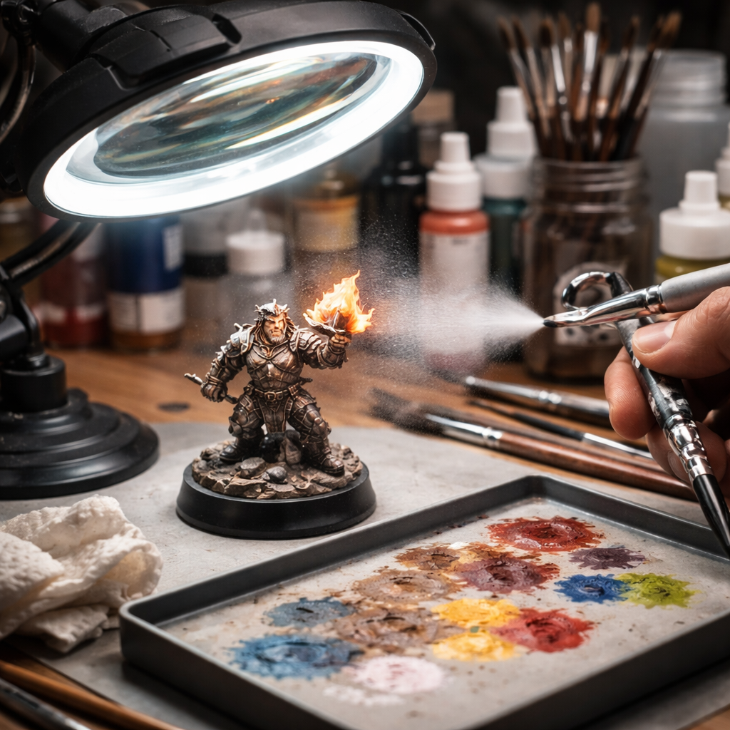 A photorealistic scene showing a miniature on a workbench, a magnifier head mounted above it, a small airbrush spraying a fine mist, and a wet palette with a damp paper towel. Alt: detailed miniature painting tools setup.
