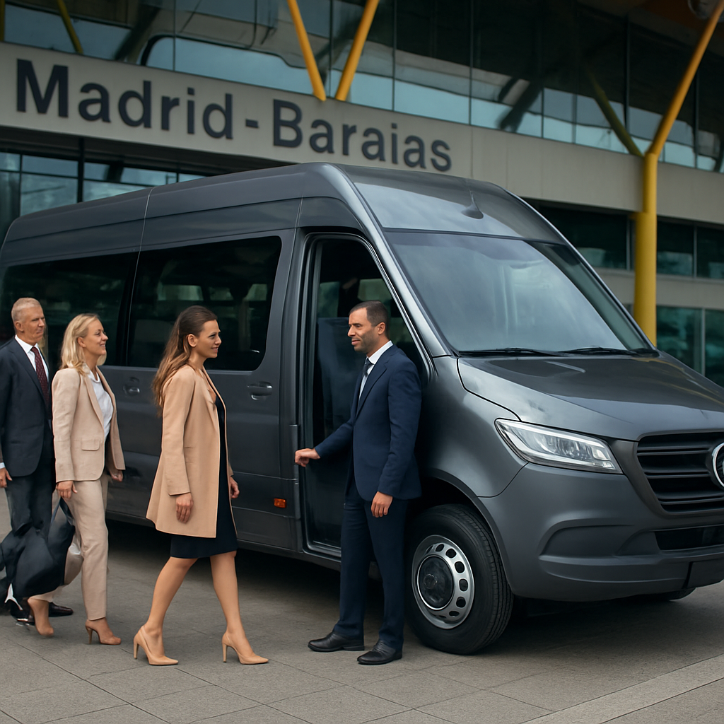 A sleek, modern minibus parked at Madrid Barajas airport with a friendly driver opening the door for a group of well‑dressed guests. Alt: Minibus rental Madrid ready for airport transfer, showing professional driver and spacious interior.
