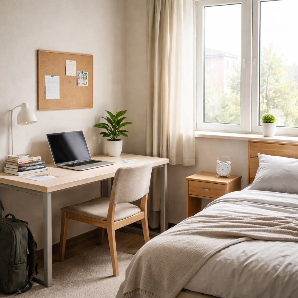 A photorealistic scene of a tidy dorm room with a minimalist desk setup, natural light streaming in, a small stack of books, a sleek laptop, and a simple plant, reflecting calm and intentional living. Alt: Minimalism vs. consumerism in a college dorm room, realistic style.