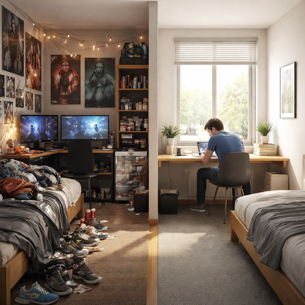 photorealistic dorm room split between cluttered consumerist space on one side and a calm minimalist desk on the other, with natural light and a student studying. Alt: Minimalist vs consumerist dorm setup for college students