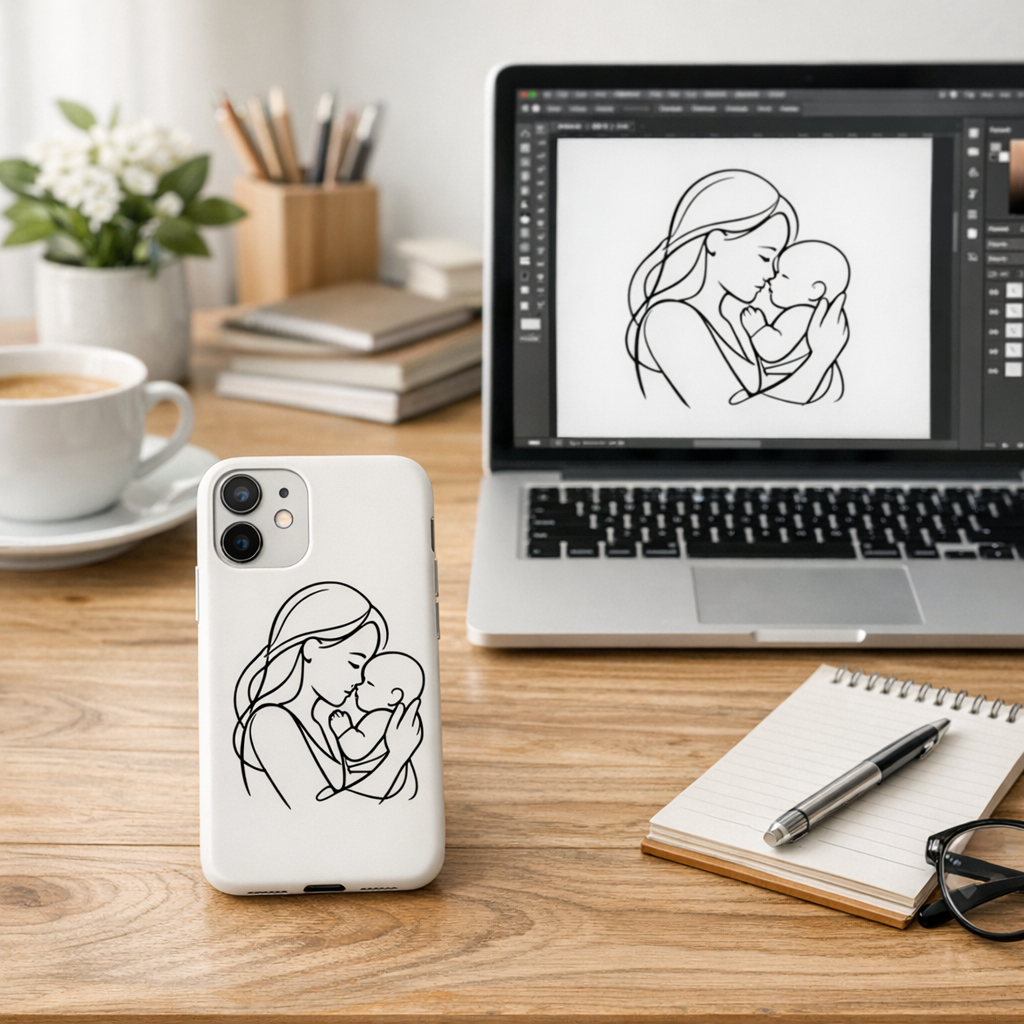 A photorealistic scene of a clean, white workspace with a sleek minimalist phone case on a wooden desk, a laptop open to a design file showing a single‑line illustration, soft natural lighting, realistic style, appealing to moms, dads, teachers, and nurses.