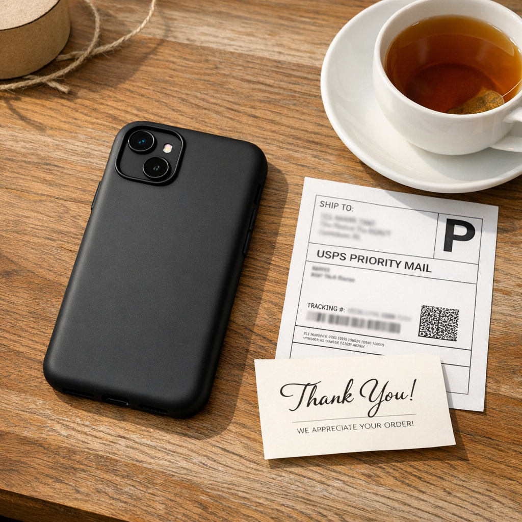 A photorealistic scene of a sleek matte minimalist phone case on a wooden desk, next to a printed shipping label, a small thank‑you card, and a cup of tea, natural daylight highlighting the case’s smooth edges, appealing to busy moms, dads, teachers, and nurses. Alt: Minimalist phone case print on demand pricing production shipping comparison.