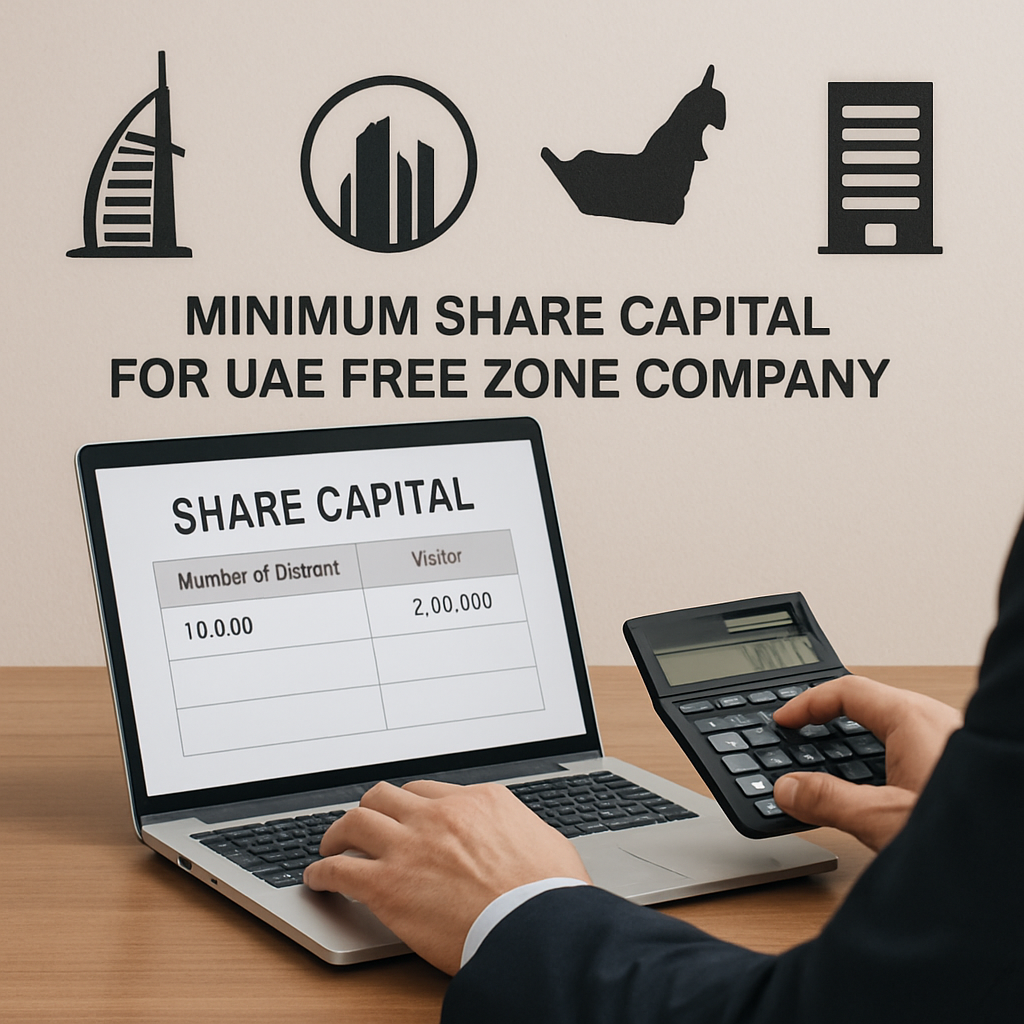 A person calculating share capital on a laptop, with UAE free zone icons in the background. Alt: Minimum share capital for UAE free zone company illustration