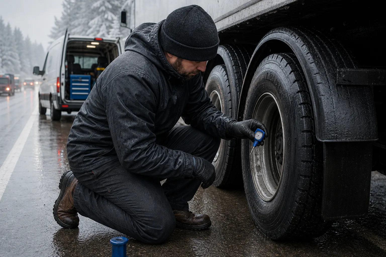 Commercial truck tire tread replacement check for rain and winter driving
