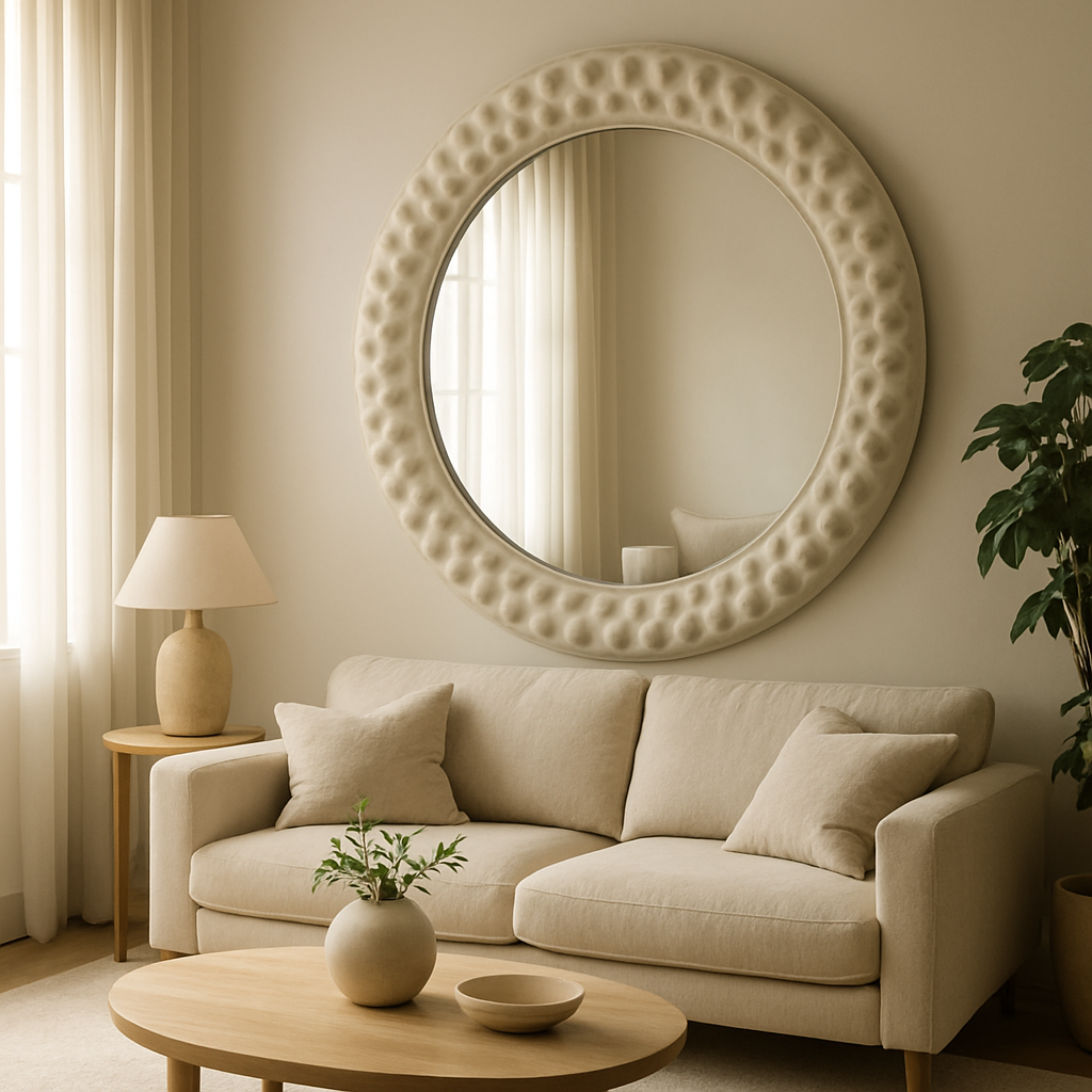 A bright, airy living room with a large dimpled‑frame mirror on one wall, reflecting natural light and a plush sofa. Alt: Mirrors amplify light and space in bespoke interiors