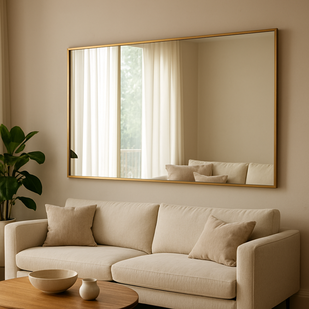 A bright living room wall featuring a large rectangular mirror with a thin brushed‑brass frame, reflecting a plush sofa and a floor‑to‑ceiling window. Alt: Large rectangular mirror in a modern living room enhancing natural light and space.