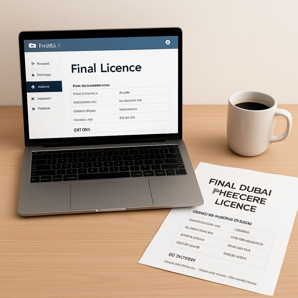 A clean desk with a laptop displaying the Mirsal 2 dashboard, a printed final licence on the side, and a coffee mug. Alt: Final Dubai free zone licence displayed on Mirsal 2 portal
