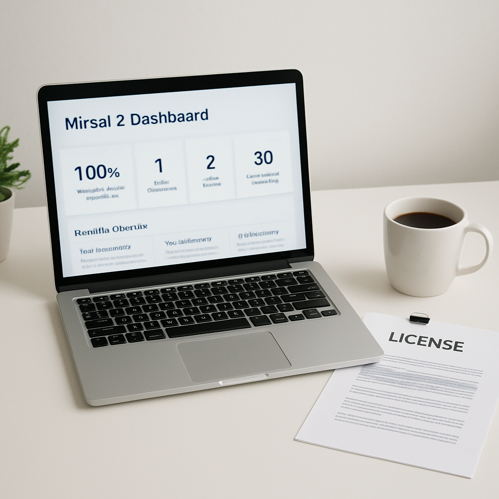 A clean desk with a laptop showing the Mirsal 2 dashboard, a printed licence, and coffee cup. Alt: Benefits overview of Mirsal 2 registration for Dubai free zone business