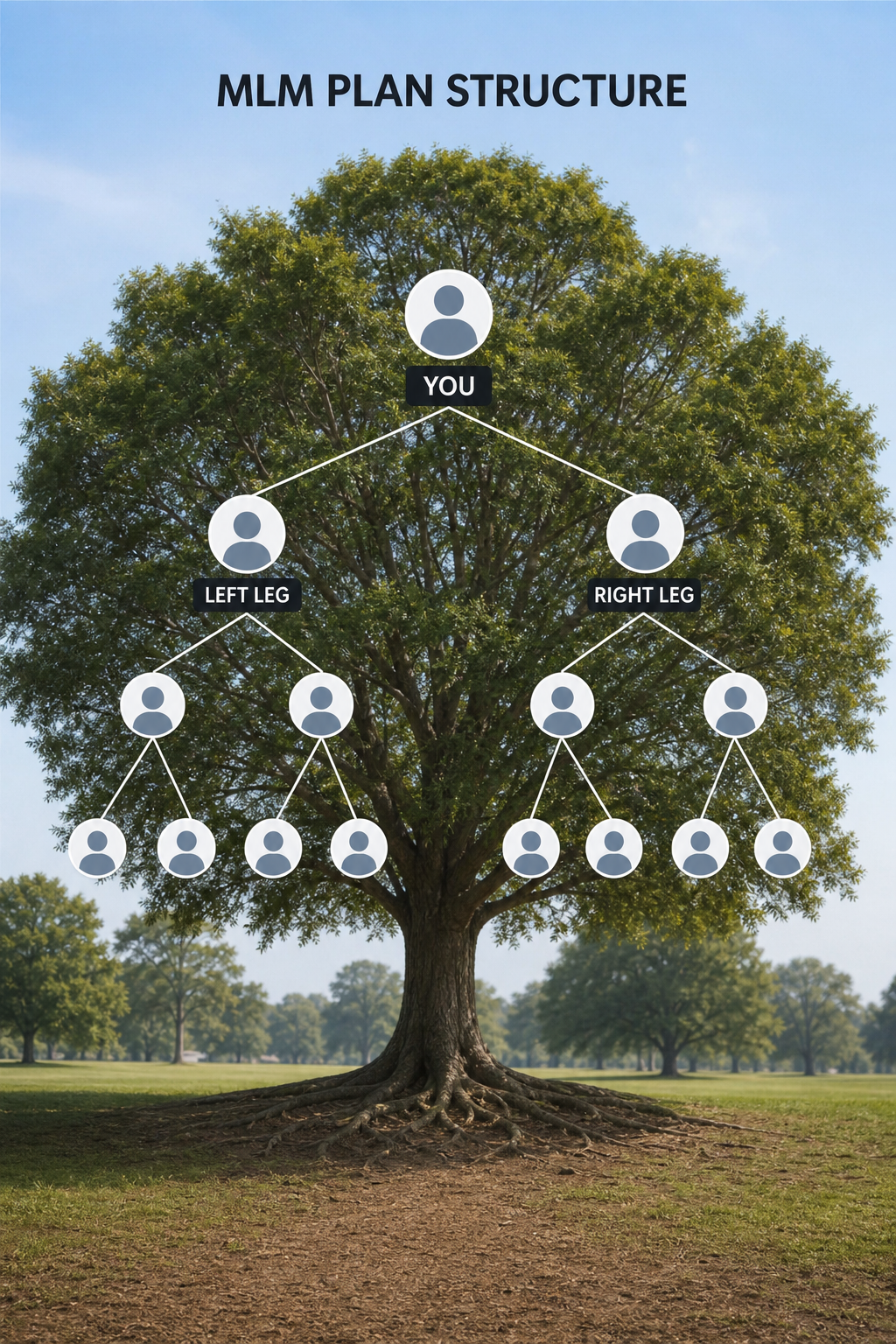 A photorealistic, conceptual image showing a simple MLM tree with two main branches and several offshoots, representing the left and right legs in plan design. Alt: MLM plan structure visual