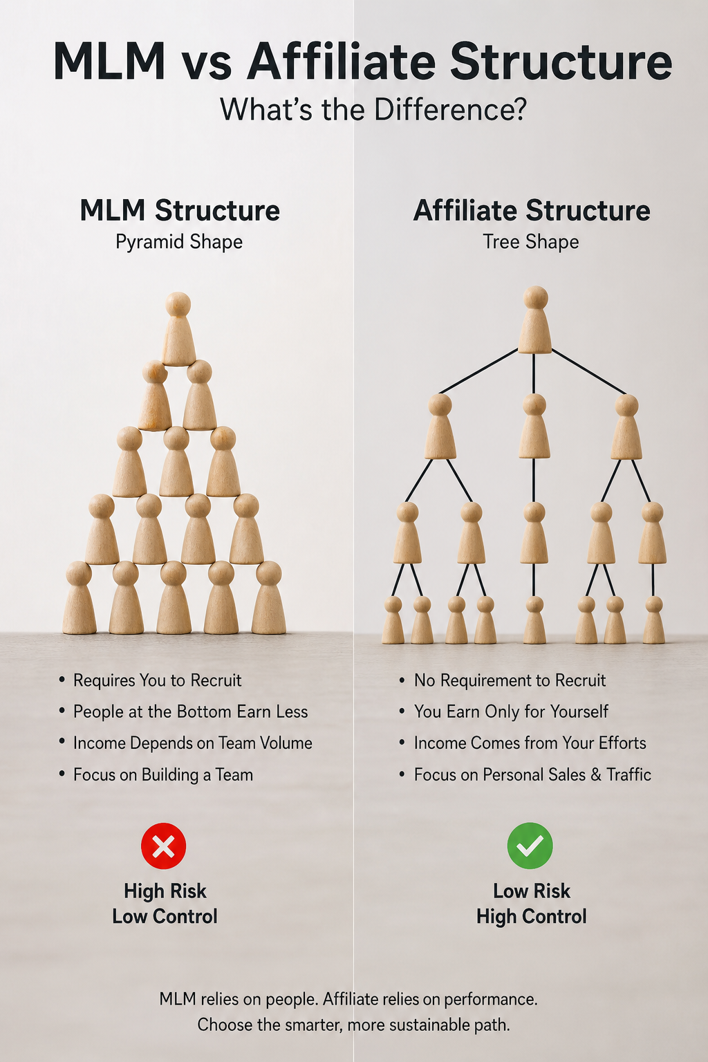 Realism prompt for an AI image generator , a realistic visual showing MLM recruitment pyramid vs. affiliate tree. Alt: MLM vs Affiliate structure