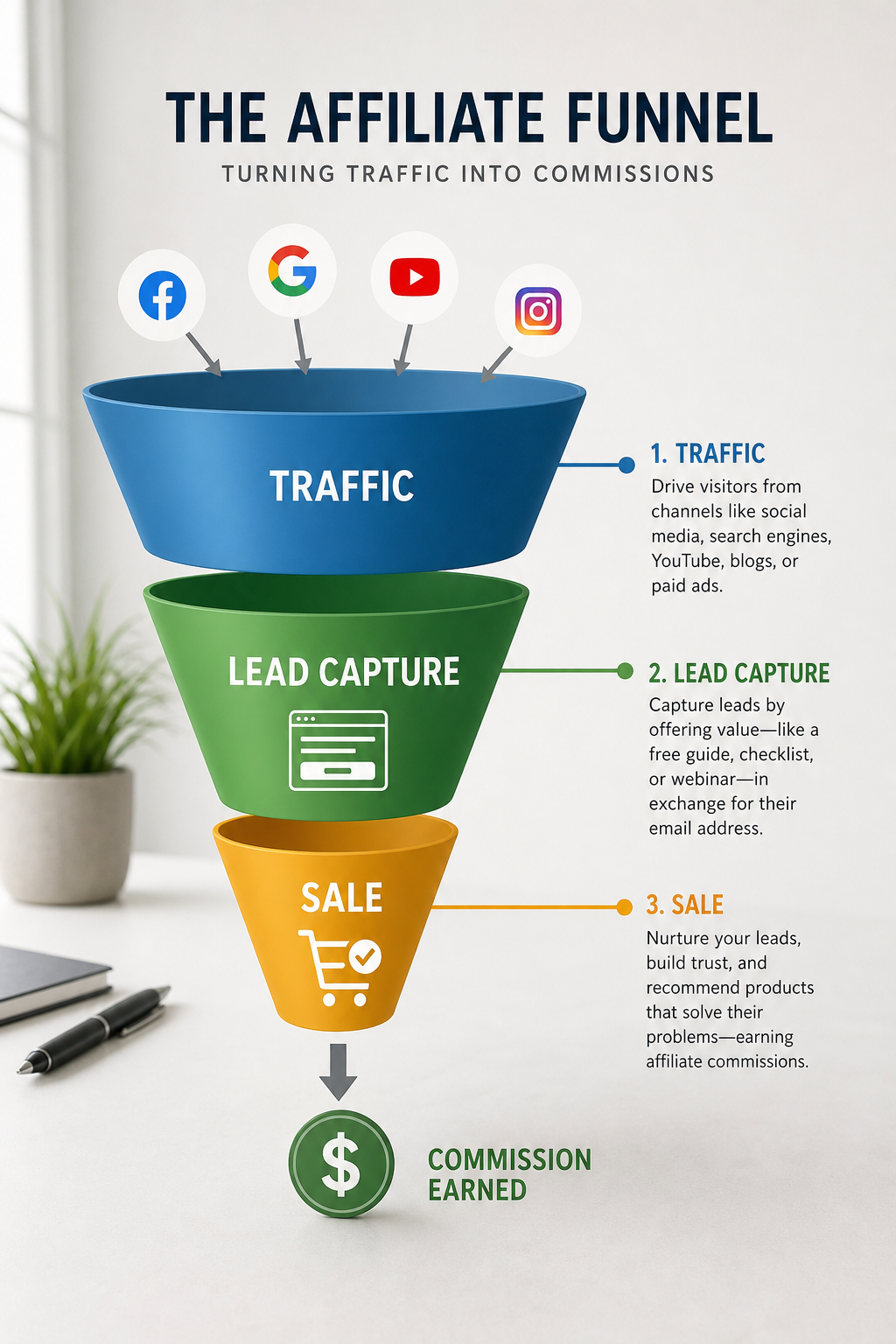 Realism prompt for an AI image generator , infographic of an affiliate funnel: traffic → lead capture → sale. Alt: Affiliate funnel
