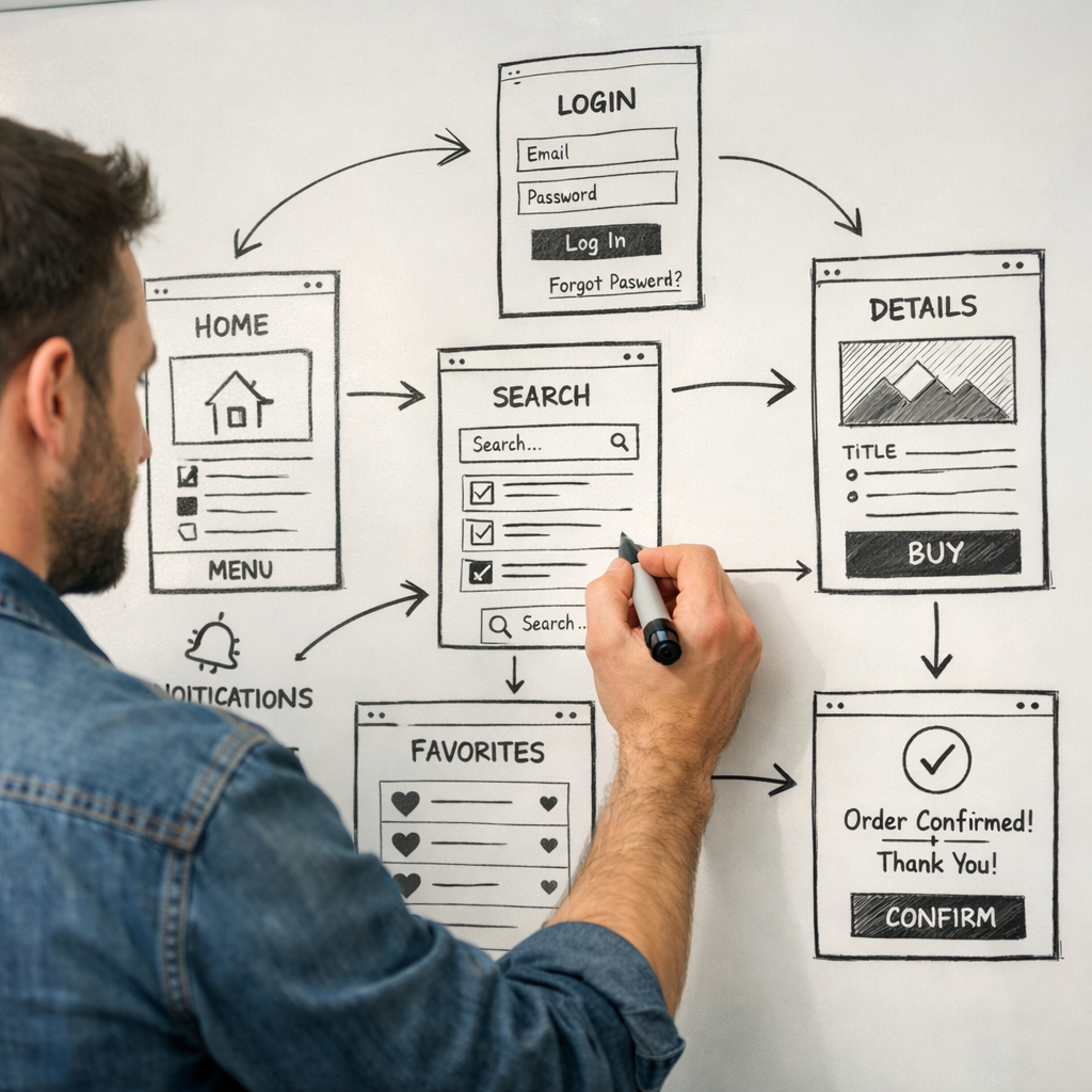 A realistic illustration of a developer sketching app feature flow on a whiteboard, showing screens and arrows. Alt: mobile app feature planning diagram