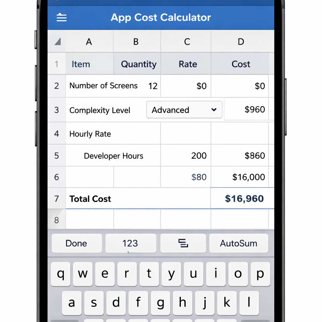 A realistic screenshot‑style illustration of a mobile app cost calculator spreadsheet with rows for screens, complexity, hourly rates, and total cost. Alt: app cost calculator data entry view