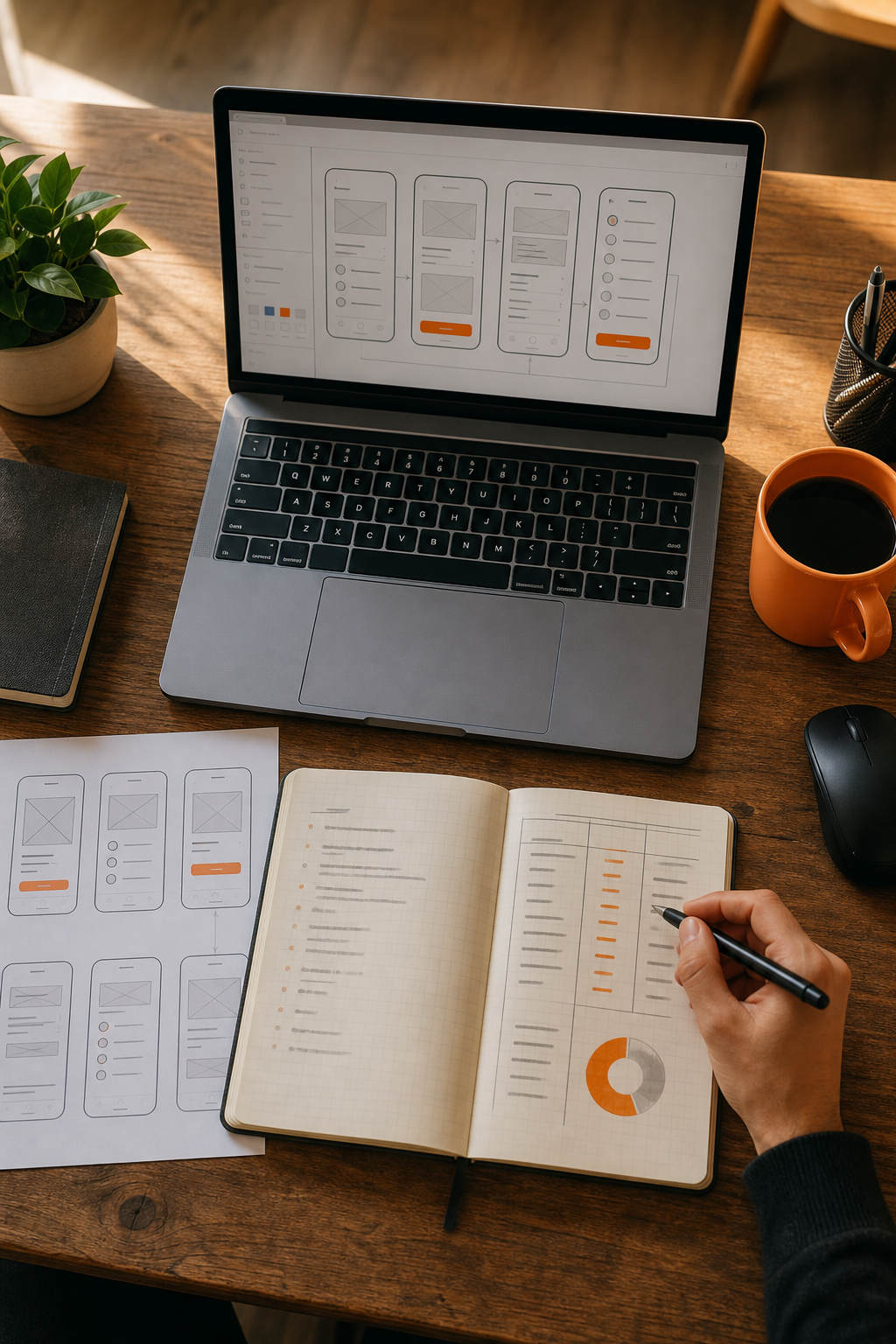 A realistic overhead view of a developer's desk with a laptop showing app wireframes, a notebook with cost estimates, and a coffee cup, warm natural light filling the scene. Alt: mobile app development pricing factors illustrated at a developer's workspace.