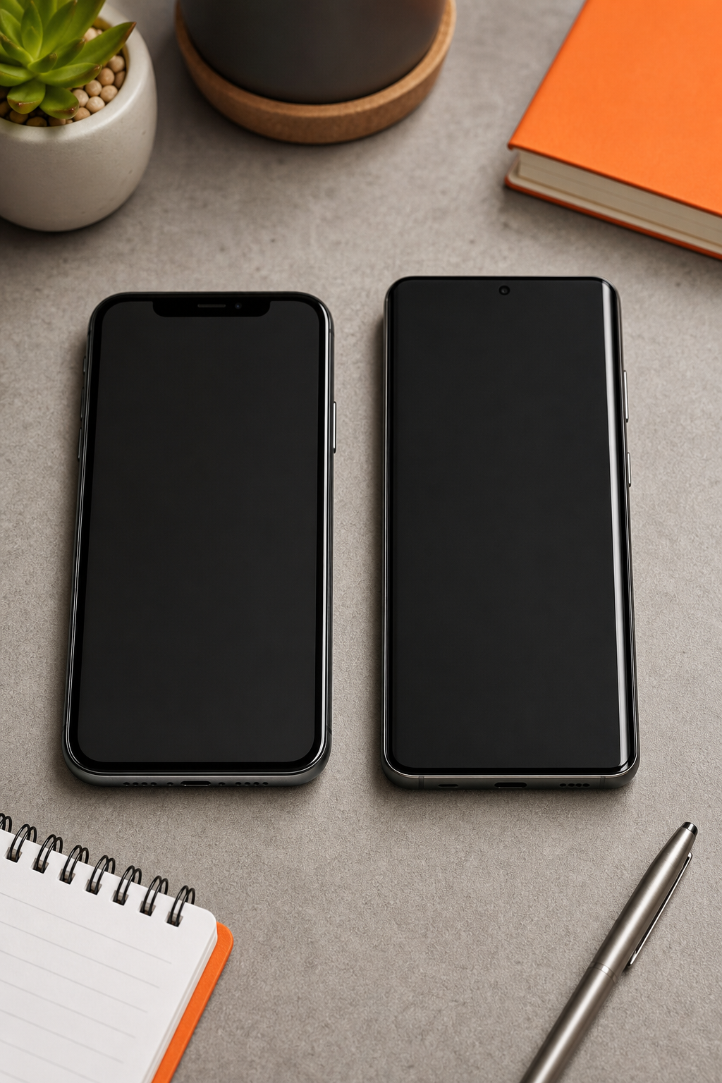 A flat-lay photo of two smartphones side by side, one running iOS and one running Android, on a modern desk with a stylus and notepad, brand accent color orange visible in a notebook cover. Alt: iOS vs Android vs cross-platform mobile app development cost comparison.