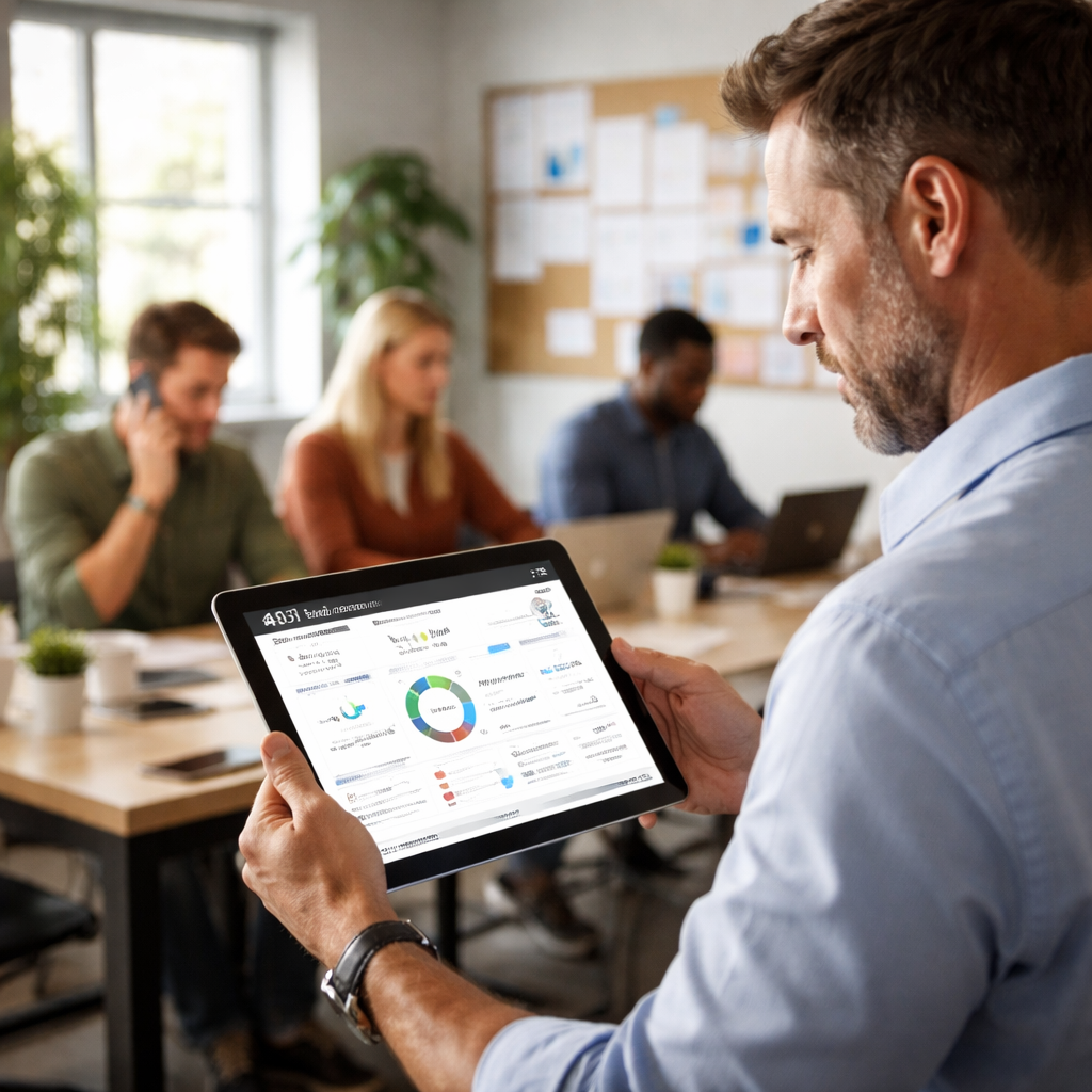 A photorealistic scene of a small business office with a manager looking at a tablet displaying an MDM dashboard, other employees using phones and laptops, bright natural light through windows, Realism style. Alt: Mobile device management dashboard in a small business setting.