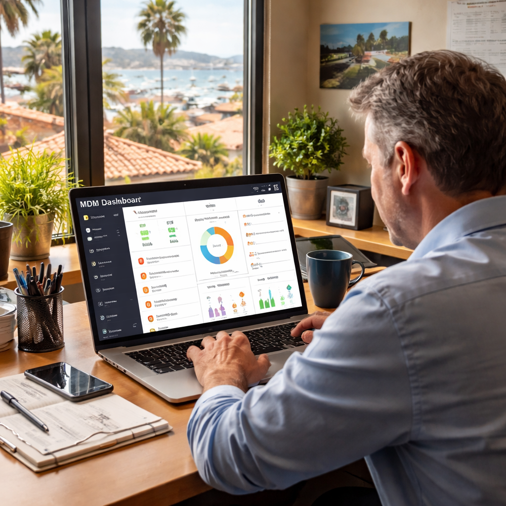 A photorealistic scene of a small business office in Monterey, California, where a manager looks at a laptop displaying an MDM dashboard showing device health icons, alerts, and compliance charts. Natural daylight streams through a window, highlighting the realistic office setting. Alt: Mobile device management dashboard in a small business environment.