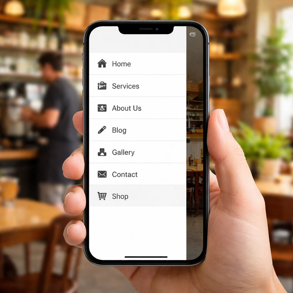 A hand holding a smartphone showing a clean, responsive navigation menu sliding in from the side, with clear icons and tap targets, set against a café backdrop. Alt: Mobile navigation menu on a smartphone. 